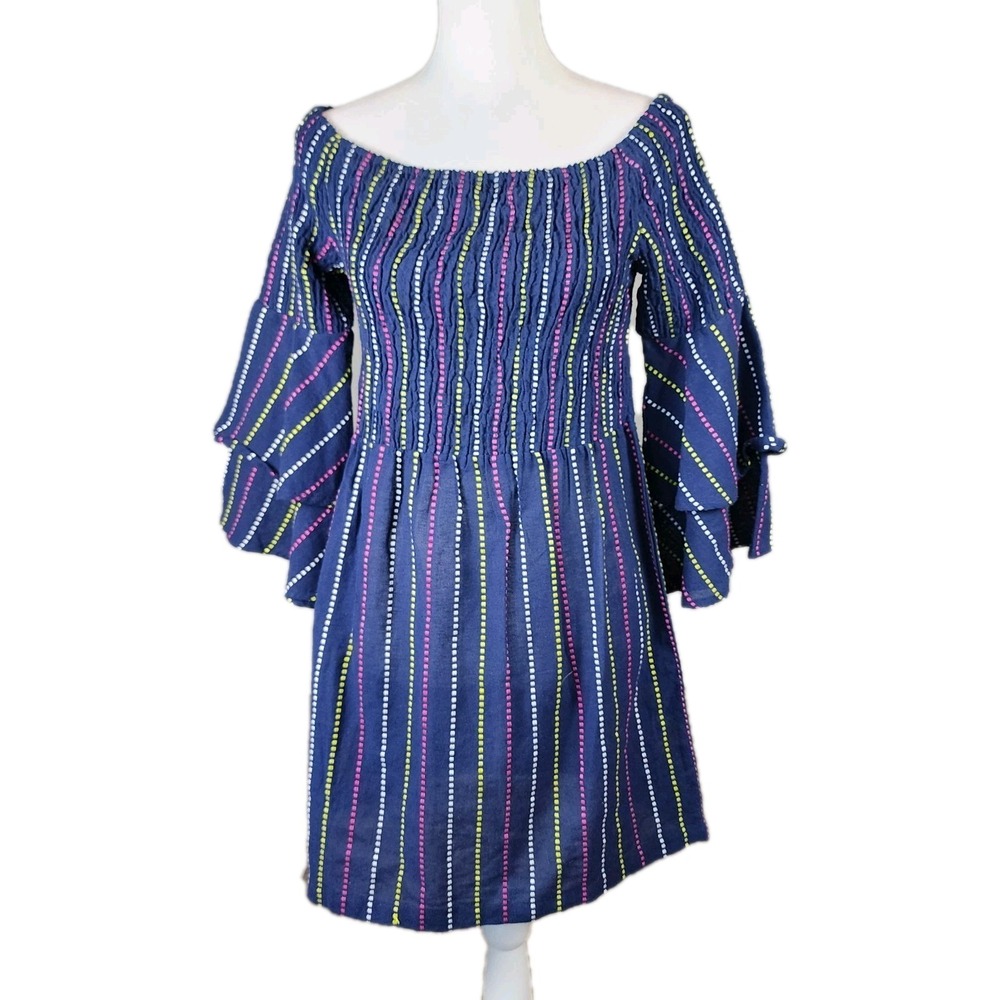 Mud Pie Desi Off the Shoulder Mini Dress Womens Medium Navy Stripe Boho Festival